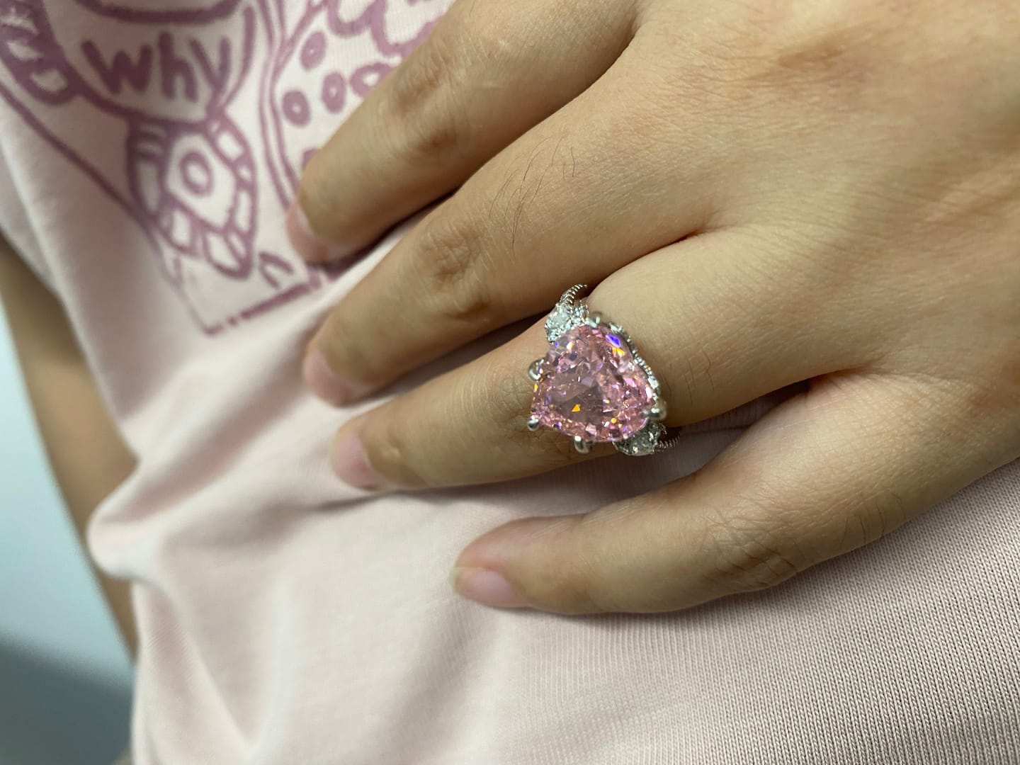 Customer photo review of S925 5.0Ct Heart Cut Royal Romantic Pink Stone Heart Cut Engagement Ring In Sterling Silver