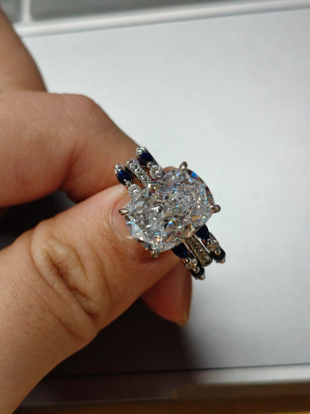 Customer photo review of S925 6.5Ct Cushion Cut Insert Wedding Ring Set With Unique White & Blue/Red Stone Engagement Ring Enhancer
