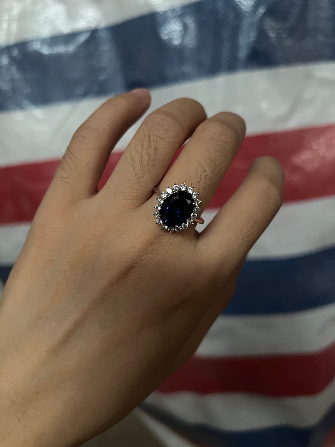Customer photo review of 4.5 Carat Halo Oval Cut Blue/Red/Green/Yellow Sapphire Engagement Ring In Sterling Silver