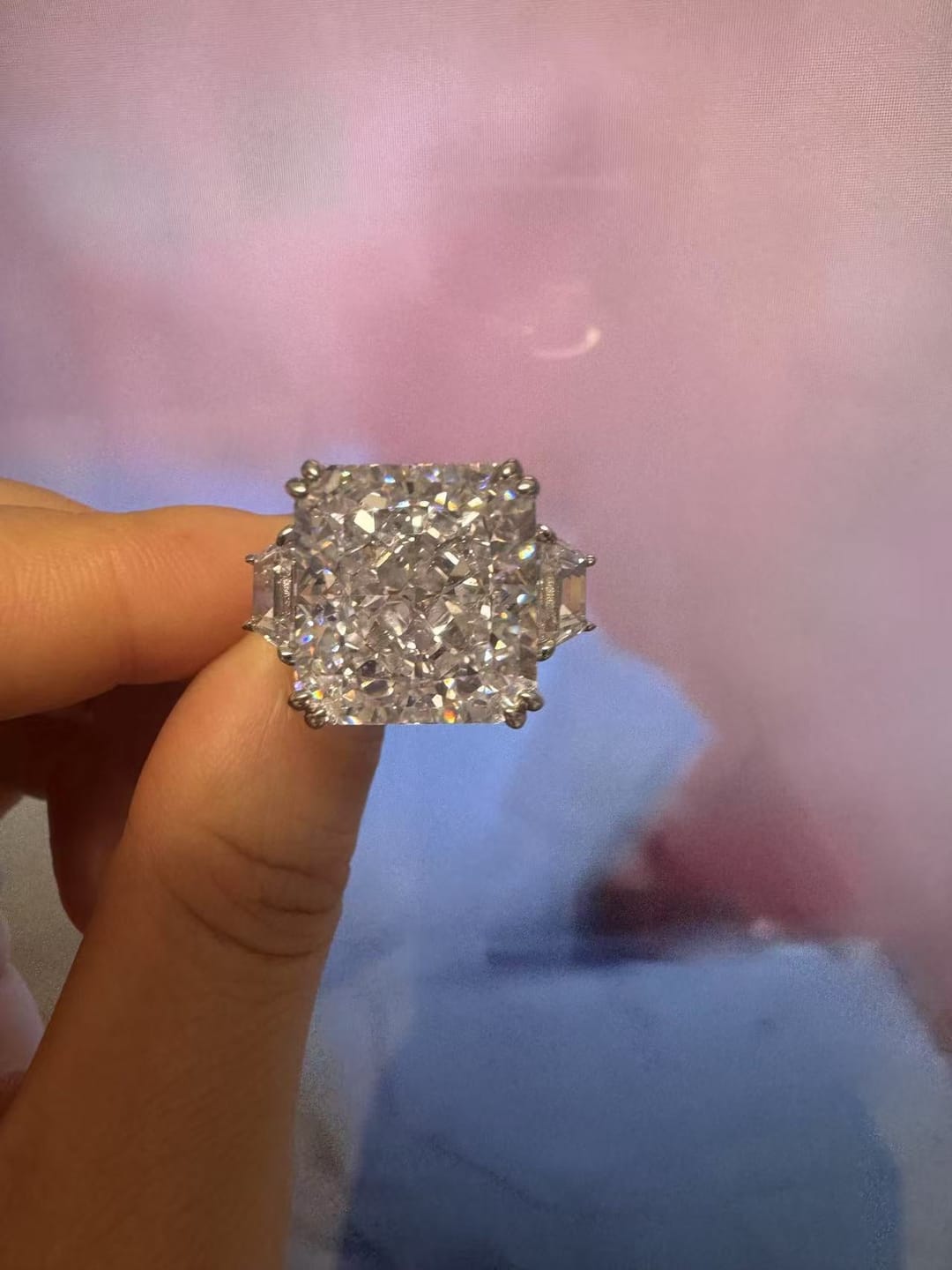 Customer photo review of S925 6.5/12.0 Ct Radiant Cut Crushed Ice Simulated Diamond Three-Stone Engagement Travel Ring