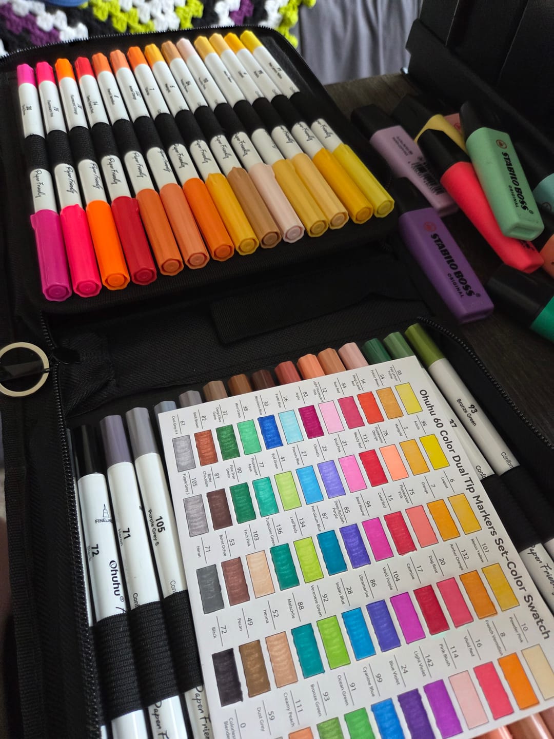 Customer photo review of Ohuhu Pupe Paper-friendly (No Peeling) Brush and Fineliner Dual Tips 60 Colors Water-based Coloring Markers