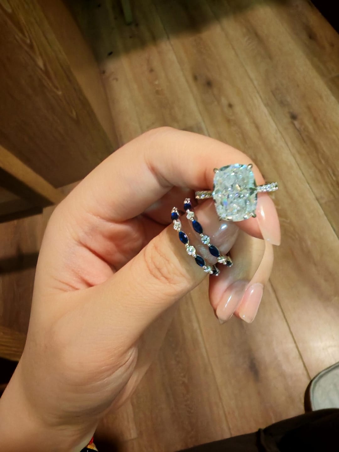 Customer photo review of S925 6.5Ct Cushion Cut Insert Wedding Ring Set With Unique White & Blue/Red Stone Engagement Ring Enhancer