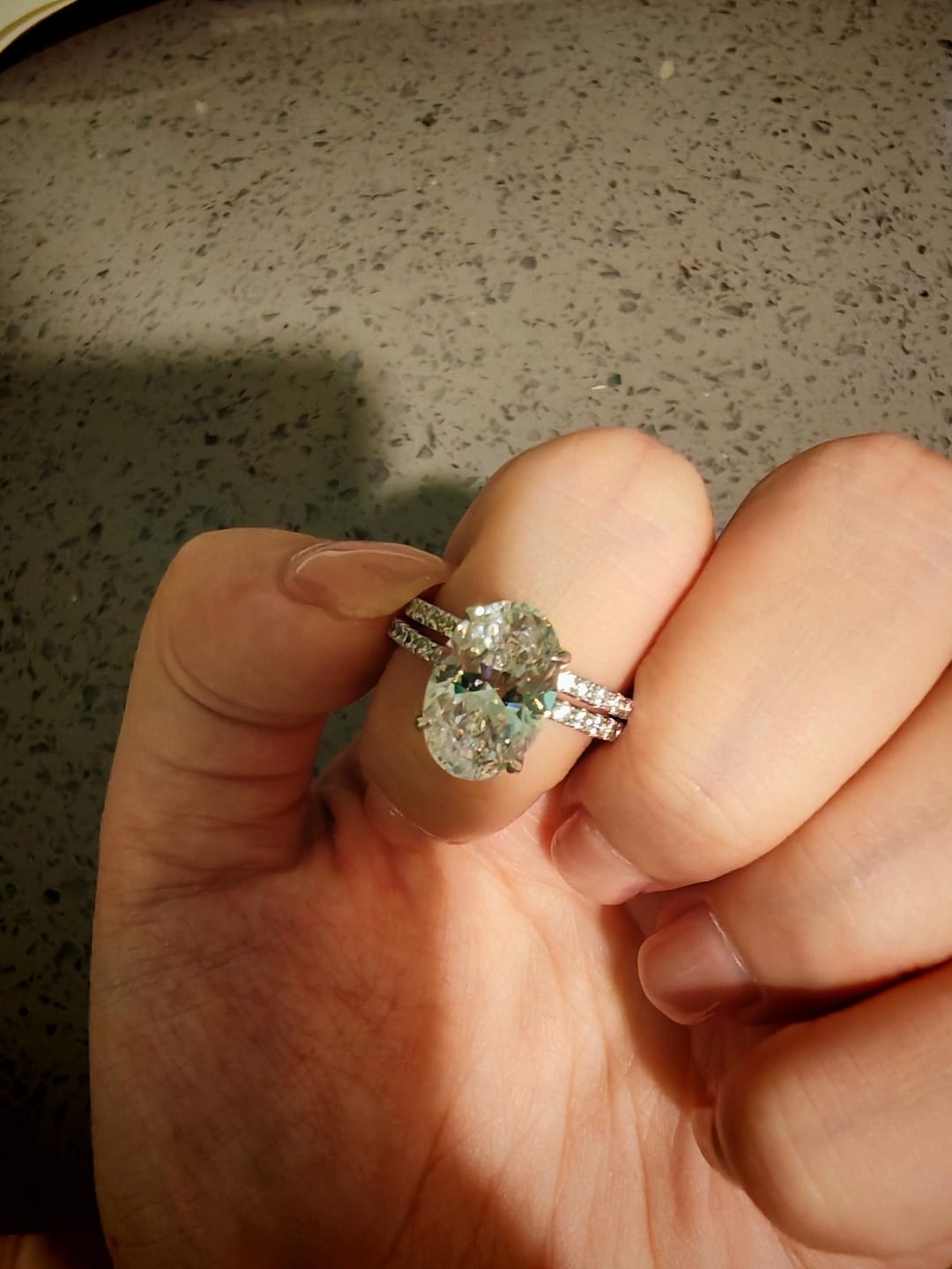 Customer photo review of S925 4.0 Carat Oval Cut Wedding Ring Set With Hidden Halo Promise Ring Classic Half Wedding Band