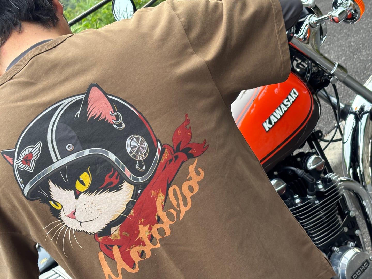 Customer photo review of 「ヘルメットを被った猫」プリント＆KaraKuロゴ刺繡コットンTee