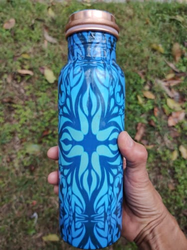 Customer photo review of Sky Blue Meena Print Copper Water Bottle