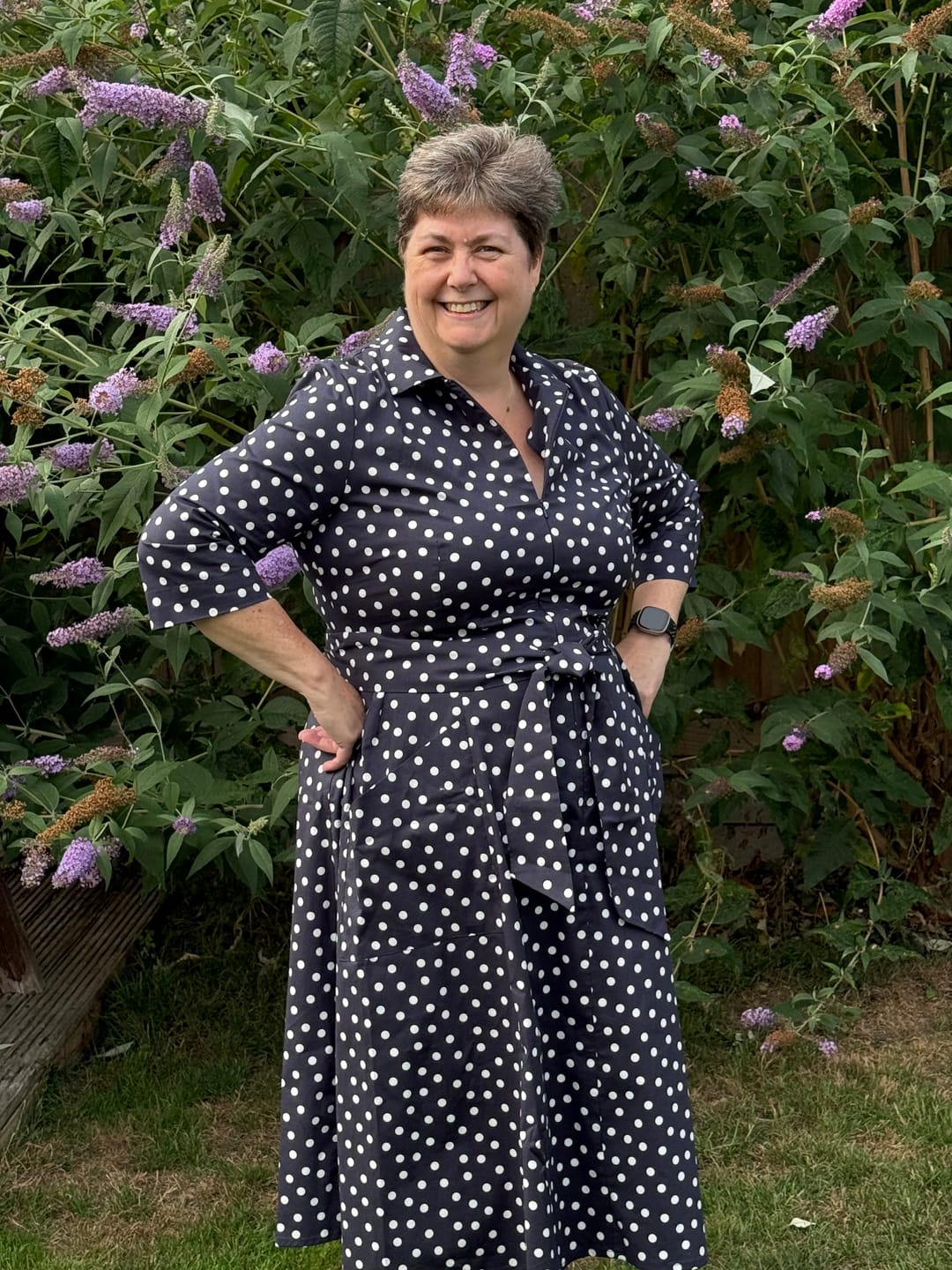 Customer photo review of NEW STOCK IN - The 'Zip Pocket' Dress in Navy Polka Dot