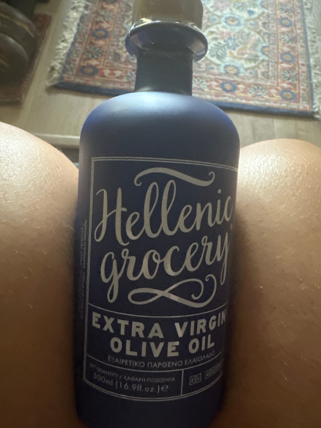 Customer photo review of Extra Virgin Olive Oil BLUE ceramic bottle - 500ml - Hellenic Grocery