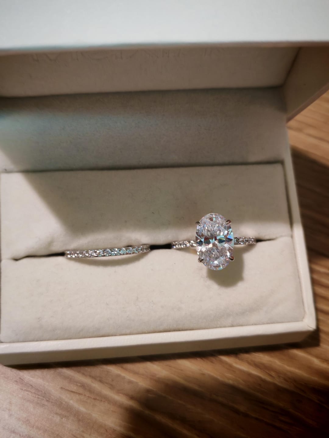 Customer photo review of S925 4.0 Carat Oval Cut Wedding Ring Set With Hidden Halo Promise Ring Classic Half Wedding Band