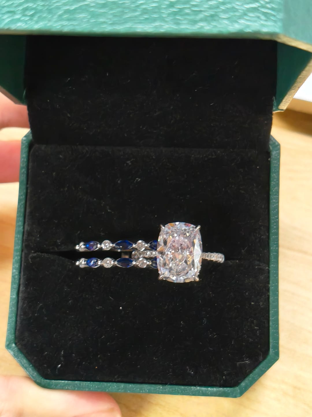 Customer photo review of S925 6.5Ct Cushion Cut Insert Wedding Ring Set With Unique White & Blue/Red Stone Engagement Ring Enhancer