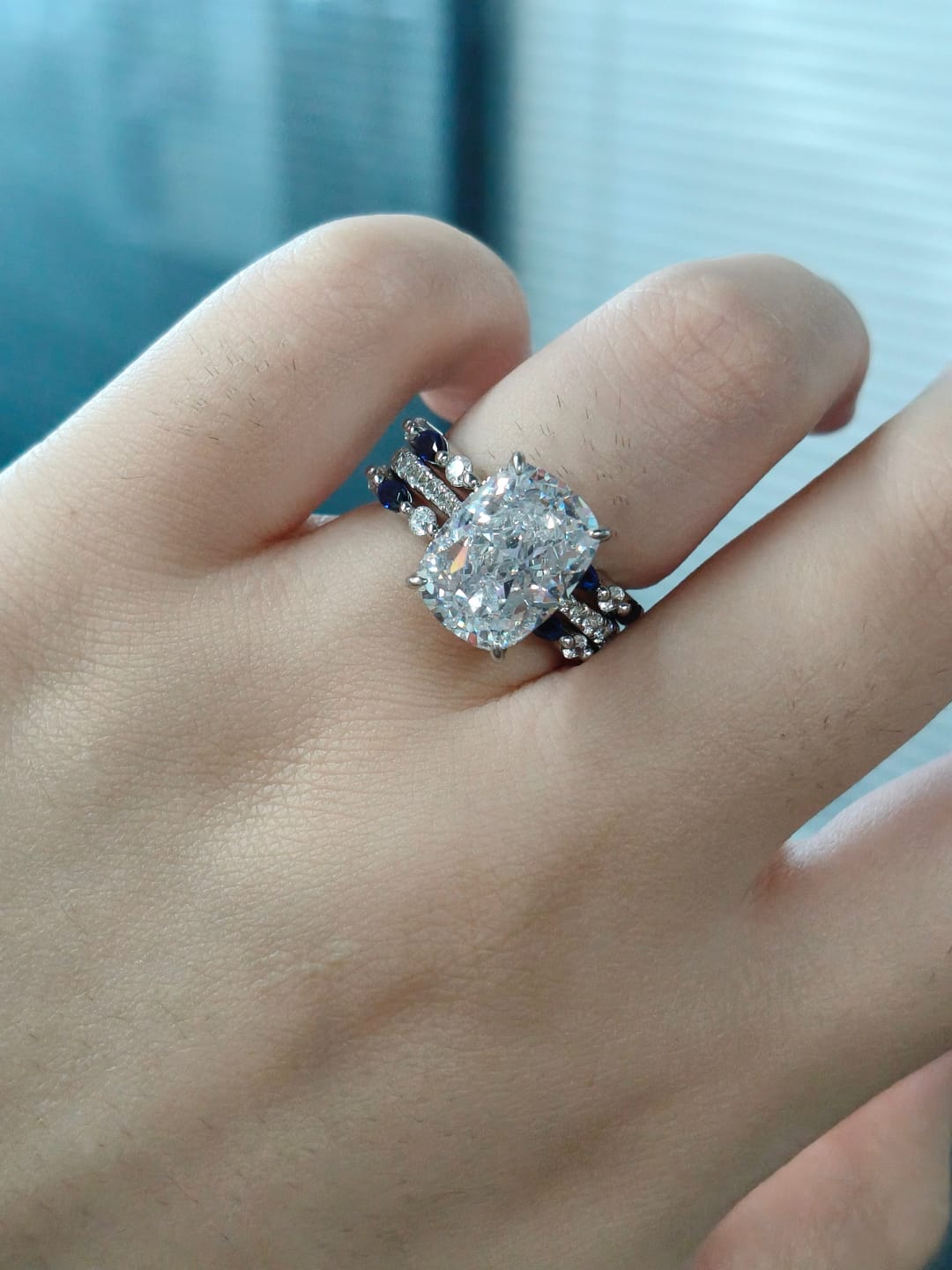 Customer photo review of S925 6.5Ct Cushion Cut Insert Wedding Ring Set With Unique White & Blue/Red Stone Engagement Ring Enhancer