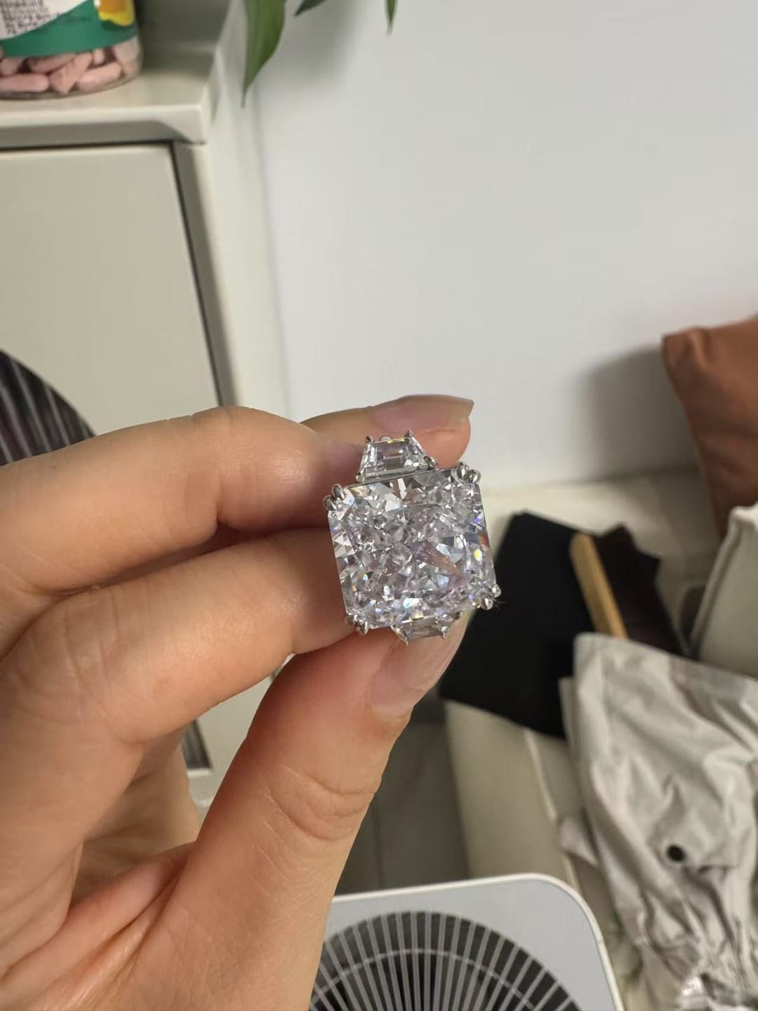 Customer photo review of S925 6.5/12.0 Ct Radiant Cut Crushed Ice Simulated Diamond Three-Stone Engagement Travel Ring