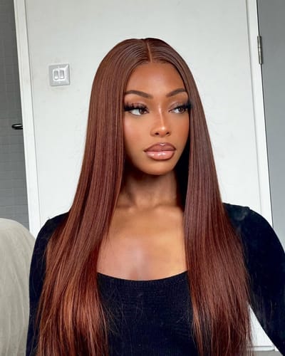 Customer photo review of Espresso & Reddish Brown Silky Straight Glueless Wig 5x5 HD Lace Invisible Knots