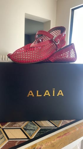 Customer photo review of Alaia 25 Laminated Fishnet Ballet Flats Red Lambskin 576443