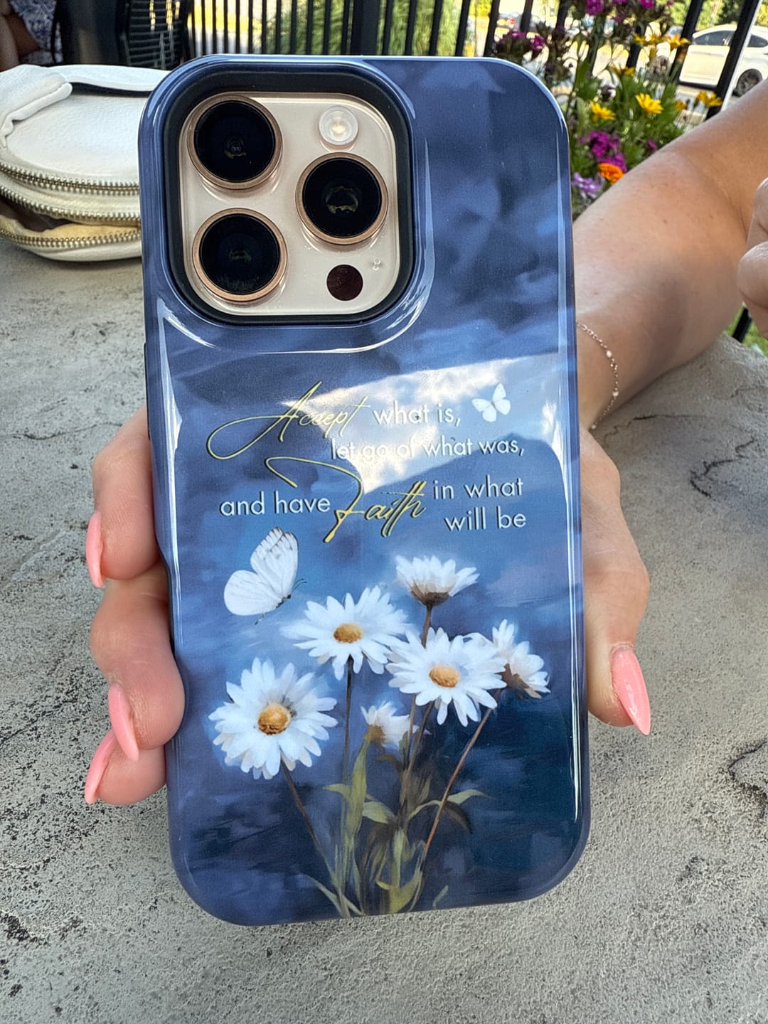 Customer photo review of Accept What is Let Go of What Was, Daisies and Butterflies, Phone Case