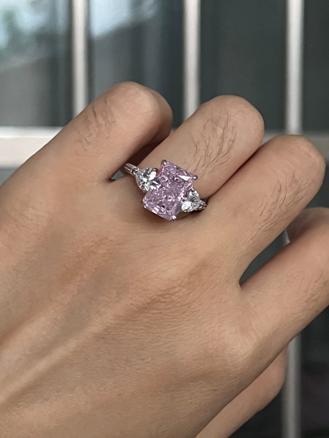 Customer photo review of S925 5.0Ct Pink/White Stone Radiant Cut Three Stone Engagement Ring Anniversary Ring For Women