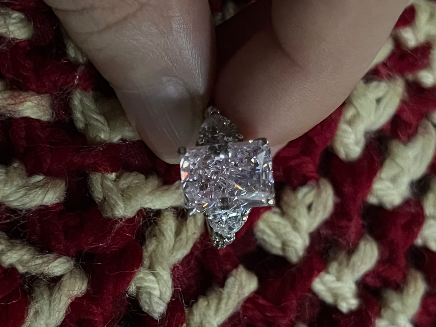 Customer photo review of S925 5.0Ct Pink/White Stone Radiant Cut Three Stone Engagement Ring Anniversary Ring For Women
