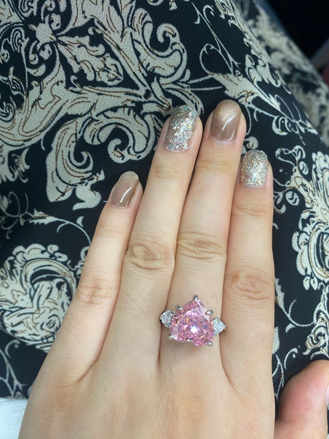 Customer photo review of S925 5.0Ct Heart Cut Royal Romantic Pink Stone Heart Cut Engagement Ring In Sterling Silver