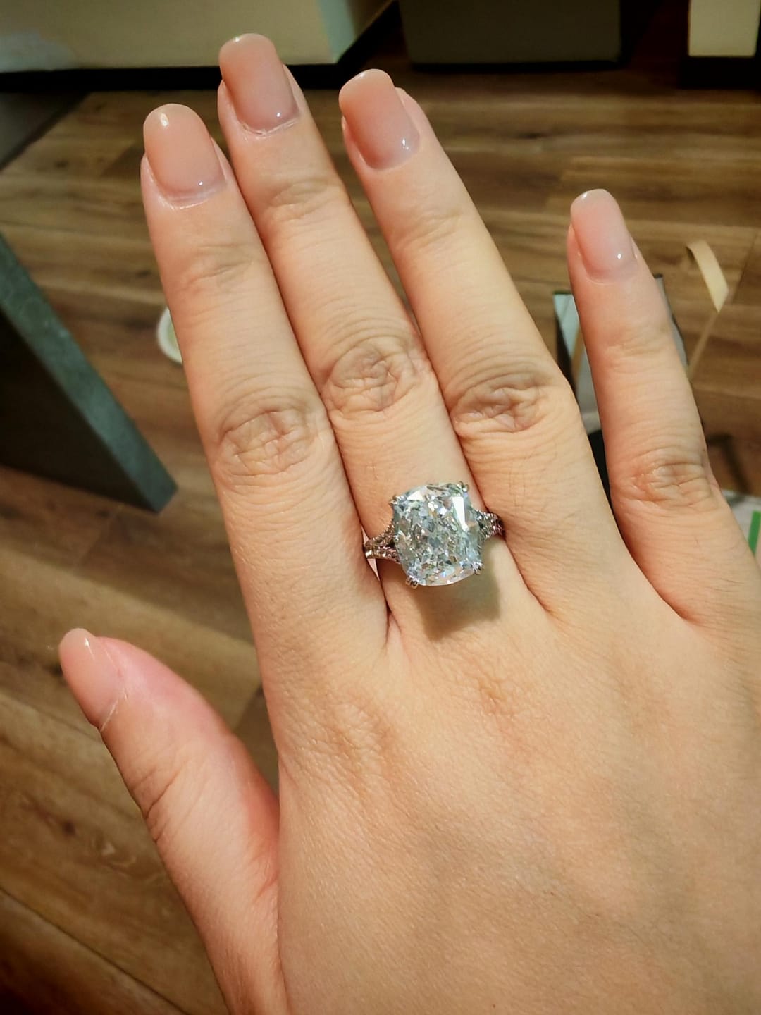 Customer photo review of S925 7.0Ct/4.0Ct Split Shank Cushion Cut Engagement Ring 18K White Gold Plated Travel Rings with Pavé Accents