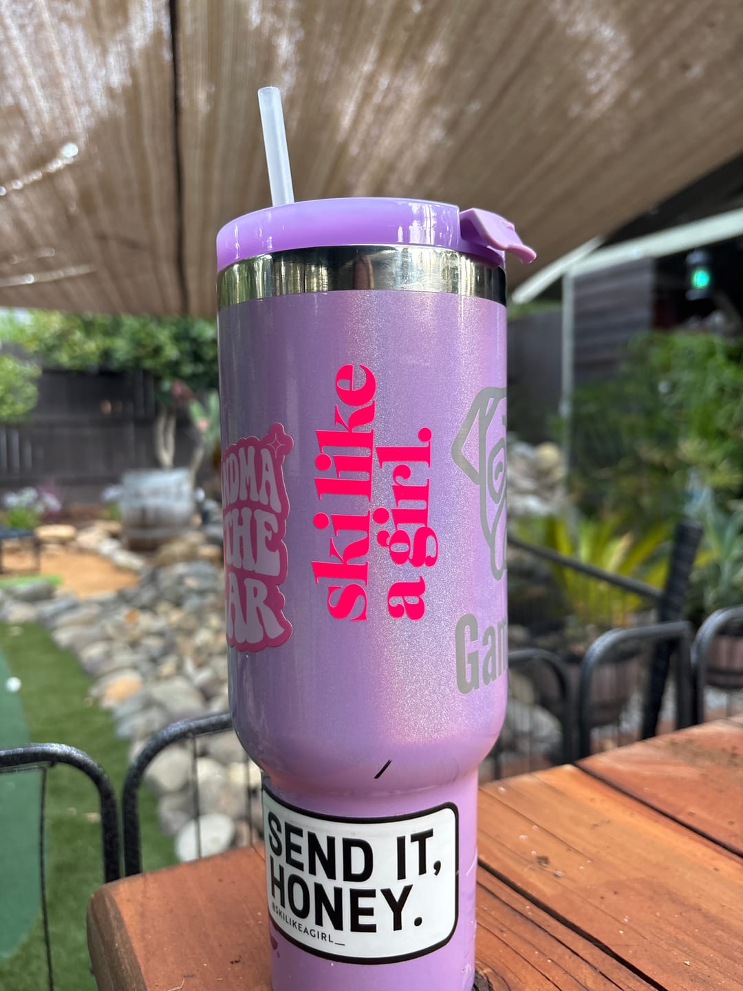 Customer photo review of Ski Like a Girl Transfer Sticker – Neon Pink