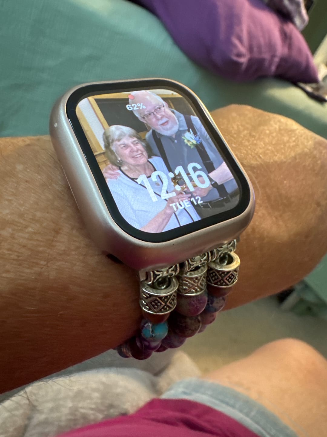 Customer photo review of Mosaic Amethyst Stretch Apple Watch Strap