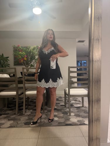 Customer photo review of Emily in Paris Striped Lace Trim Pleated Slip Mini Dress