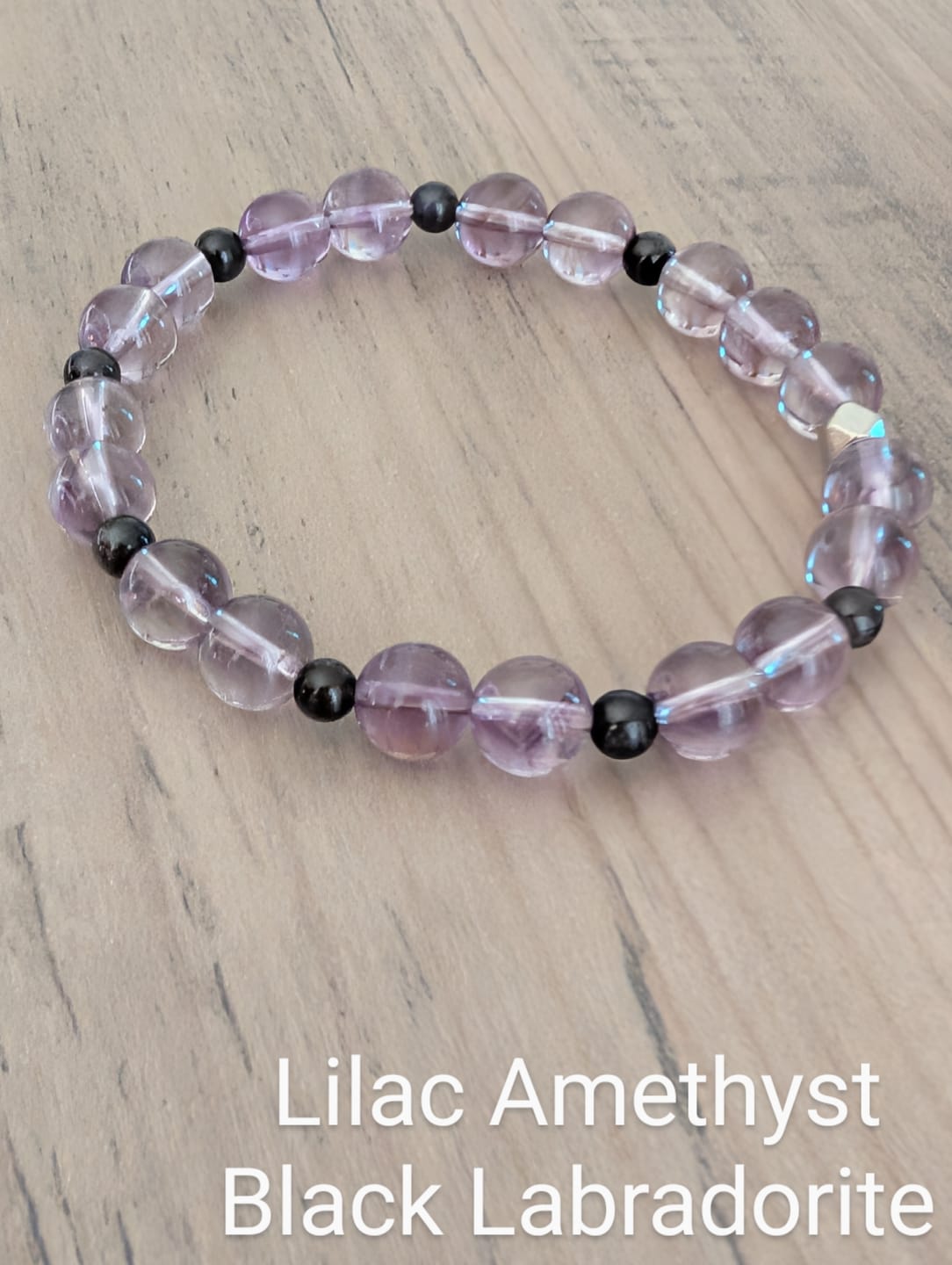 Customer photo review of Lilac Amethyst and Black Labradorite Stretch Bracelet - Artisan Made