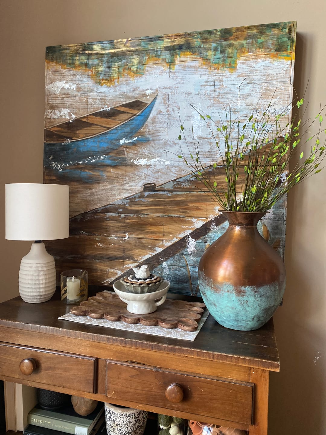Customer photo review of Distressed Copper Patina Vase | Round Metal Accent
