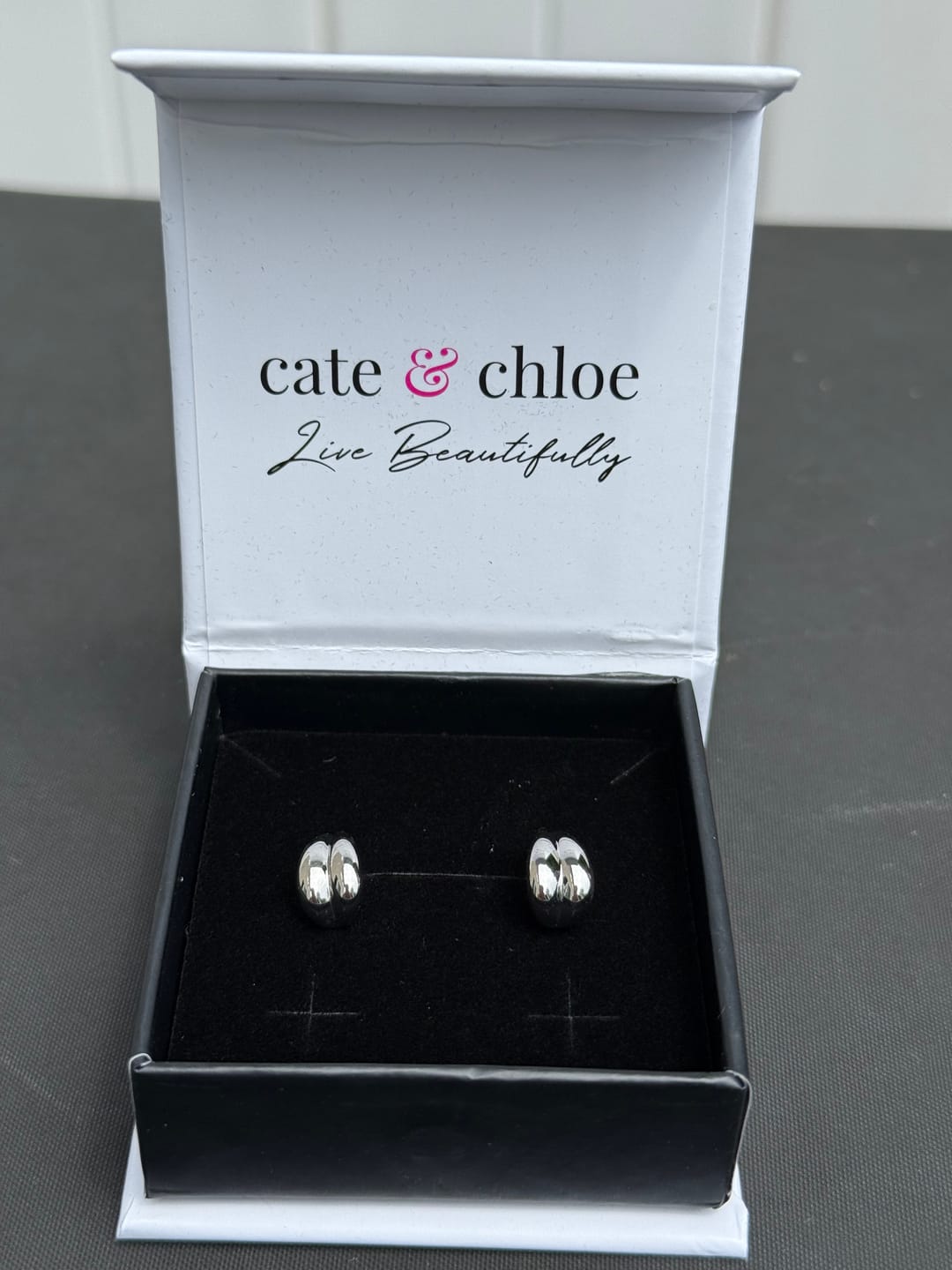 Customer photo review of Shae 18k White Gold Plated Semi-Hoop Curved Stud Earrings