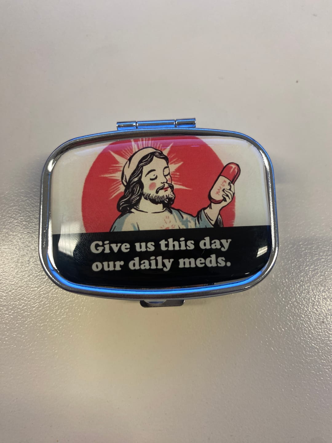 Customer photo review of Give Us This Day Our Daily Meds Metal Pill Tin