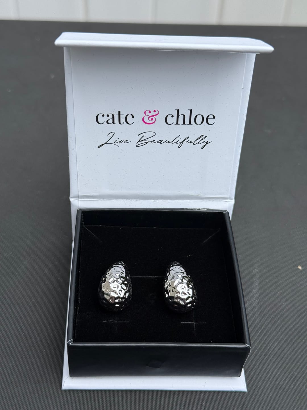 Customer photo review of Candice 18k White Gold Plated Teardrop Stud Earrings