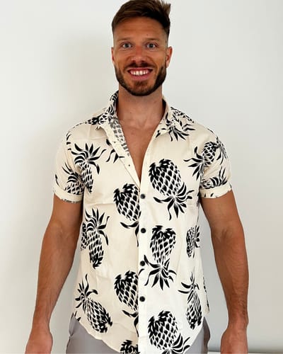 Customer photo review of Men's Cotton Pineapple Print Summer Hawaiian Beach Beige Button Up Short Sleeve Shirt