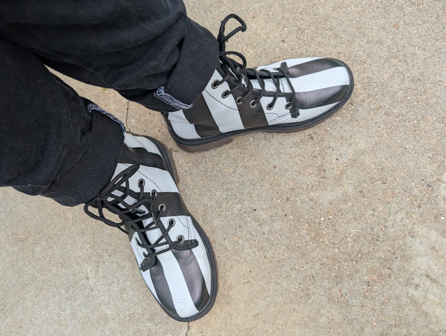 Customer photo review of CUSTOM ORDER | Black and White Striped Vegan Leather Combat Boots