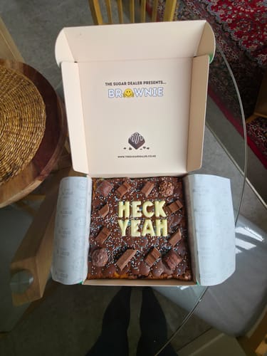 Customer photo review of Custom message chocolate fiend brownie