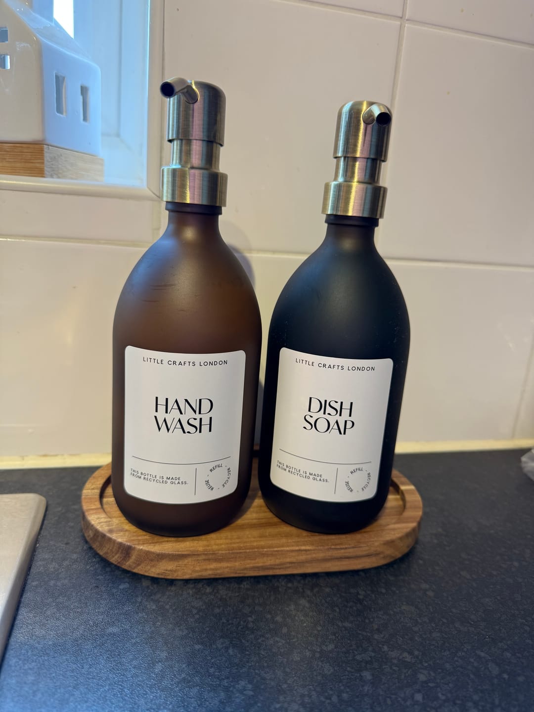 Customer photo review of Set of 2 Frosted Amber Glass Bottle 500 ML with Stainless Steel Pump & Small Tray White Label
