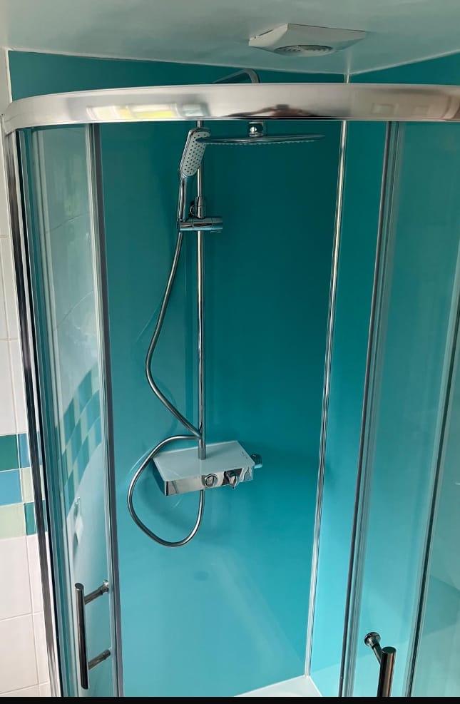 Customer photo review of 10mm Aqua Blue Shimmer Gloss Shower Panel 1M x 2.4M