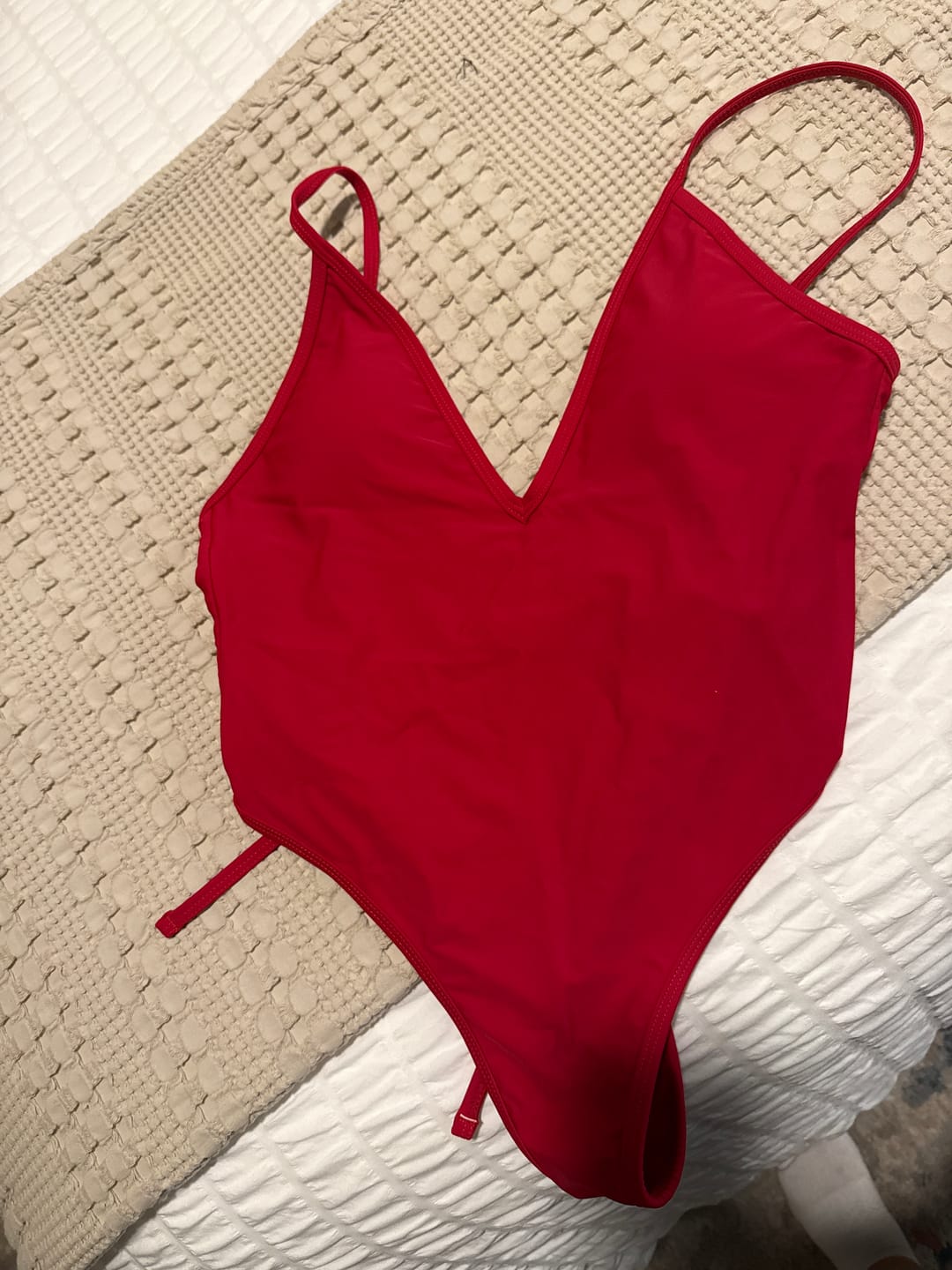 Customer photo review of VERONICA Scarlet Red Deep V One Piece