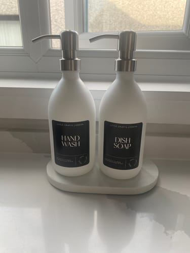 Customer photo review of Set of 2 Milky White Glass Bottle 500 ML with Stainless Steel Pump & Small Tray (Black Label)