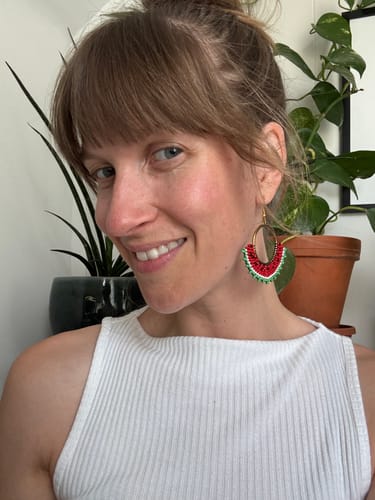 Customer photo review of Watermelon Solidarity Beaded Hoops
