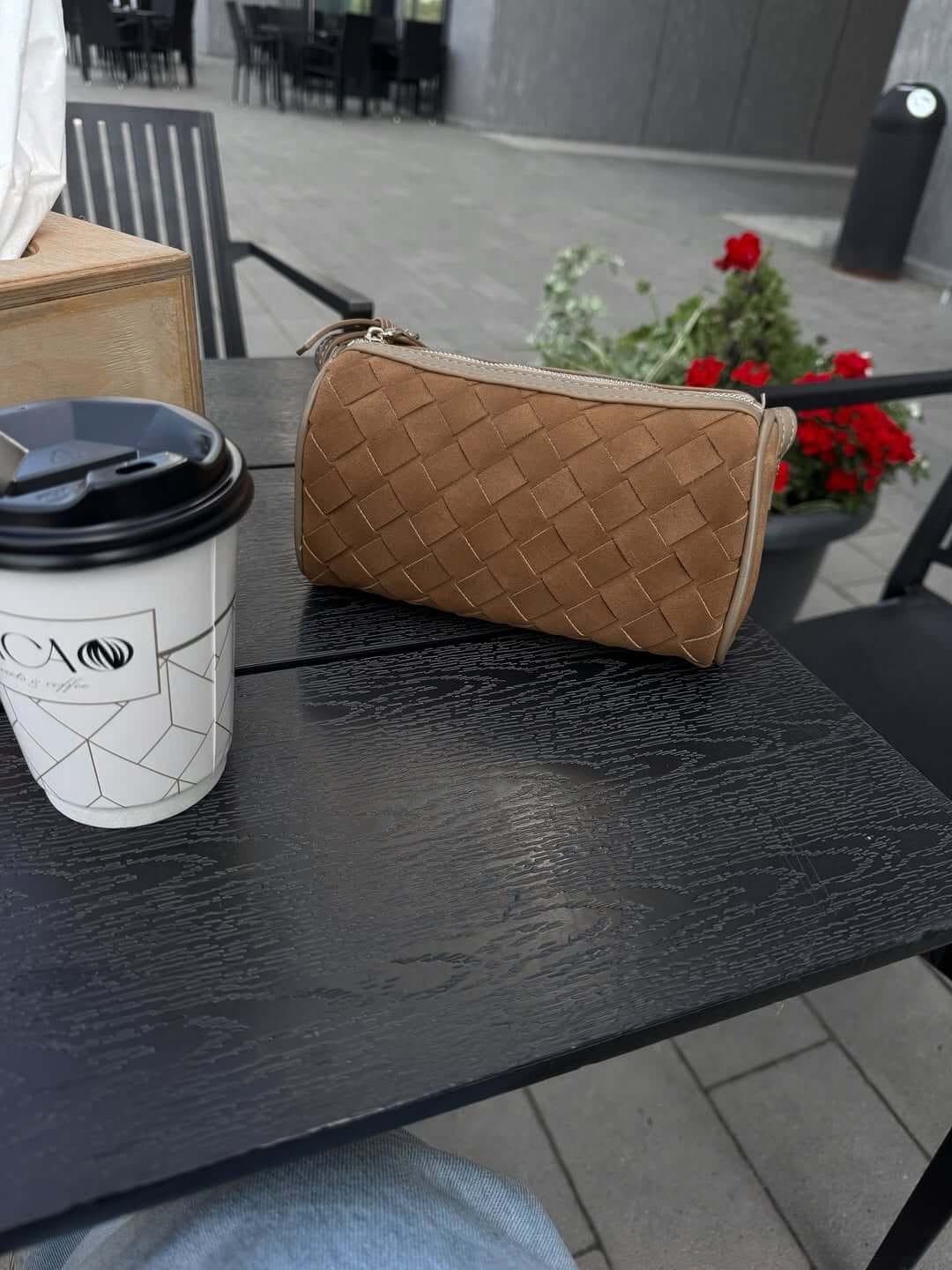 Customer photo review of Jessica Woven Suede Bag