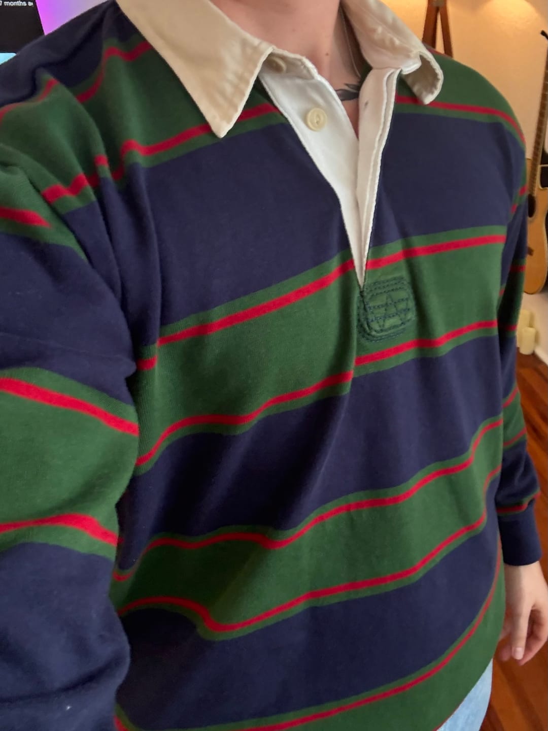 Customer photo review of Classic Fit Striped Jersey Rugby Shirt - Green/Navy/Red
