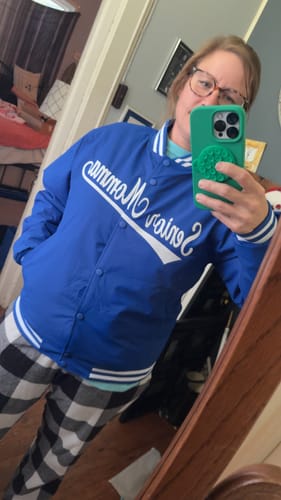 Customer photo review of Custom Royal White Letterman Solider Classic Style Varsity Full-Snap Jacket