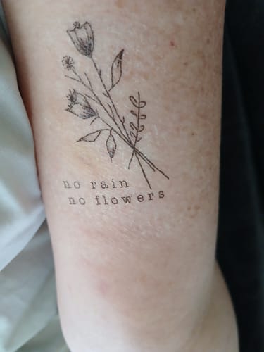 Customer photo review of No Rain, No Flowers Tattoo