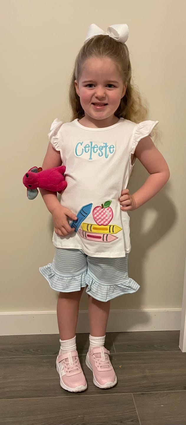 Customer photo review of Bright Crayons Light Blue Stripe Milly Short Set