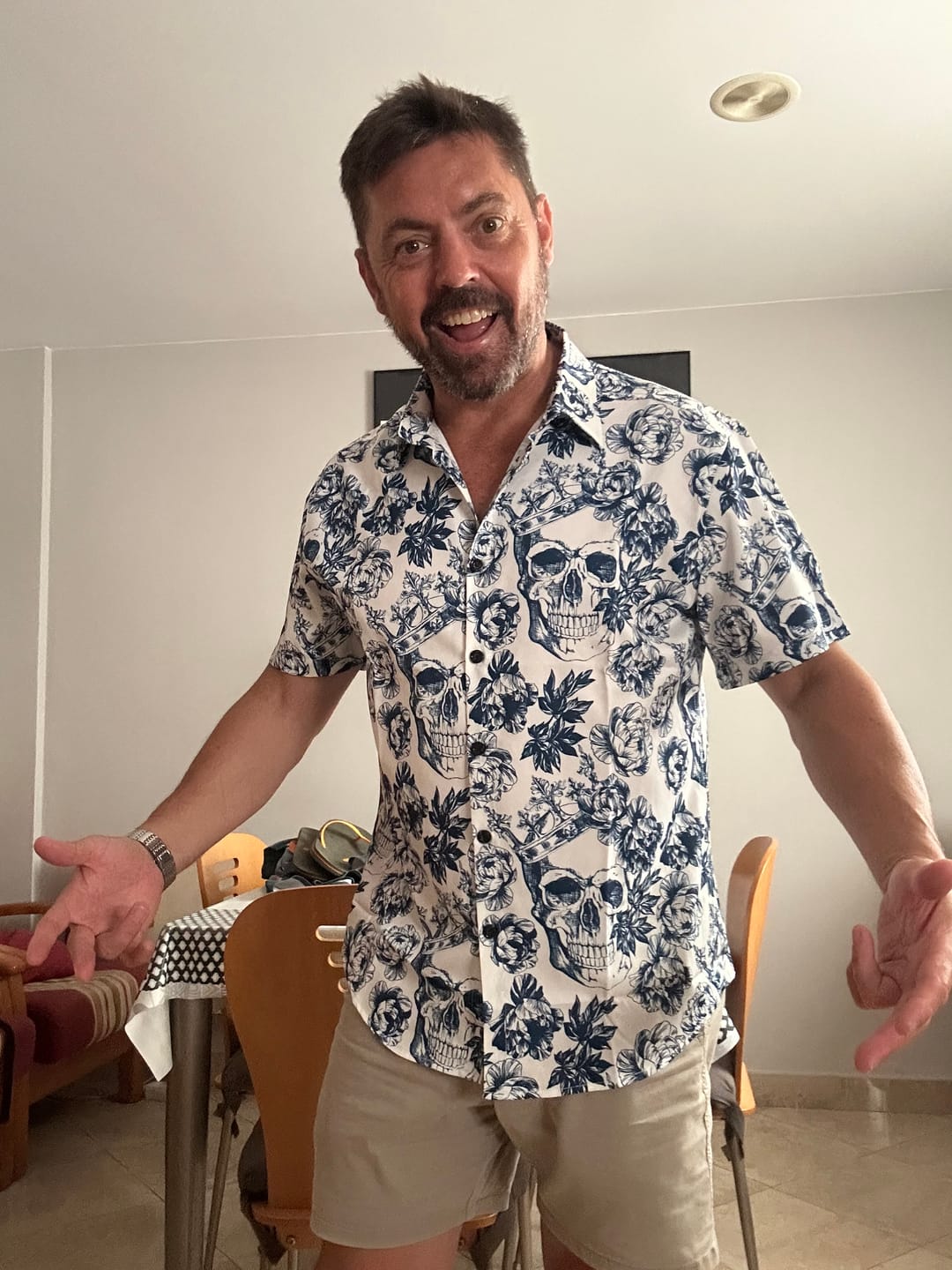 Customer photo review of Men's Punk Rock Crown Floral Skull Print Short Sleeve Shirt
