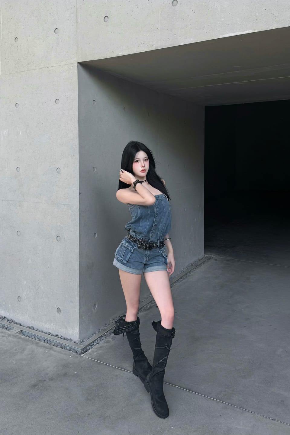 Customer photo review of WARDEN EDGE Strapless Denim Utility Romper