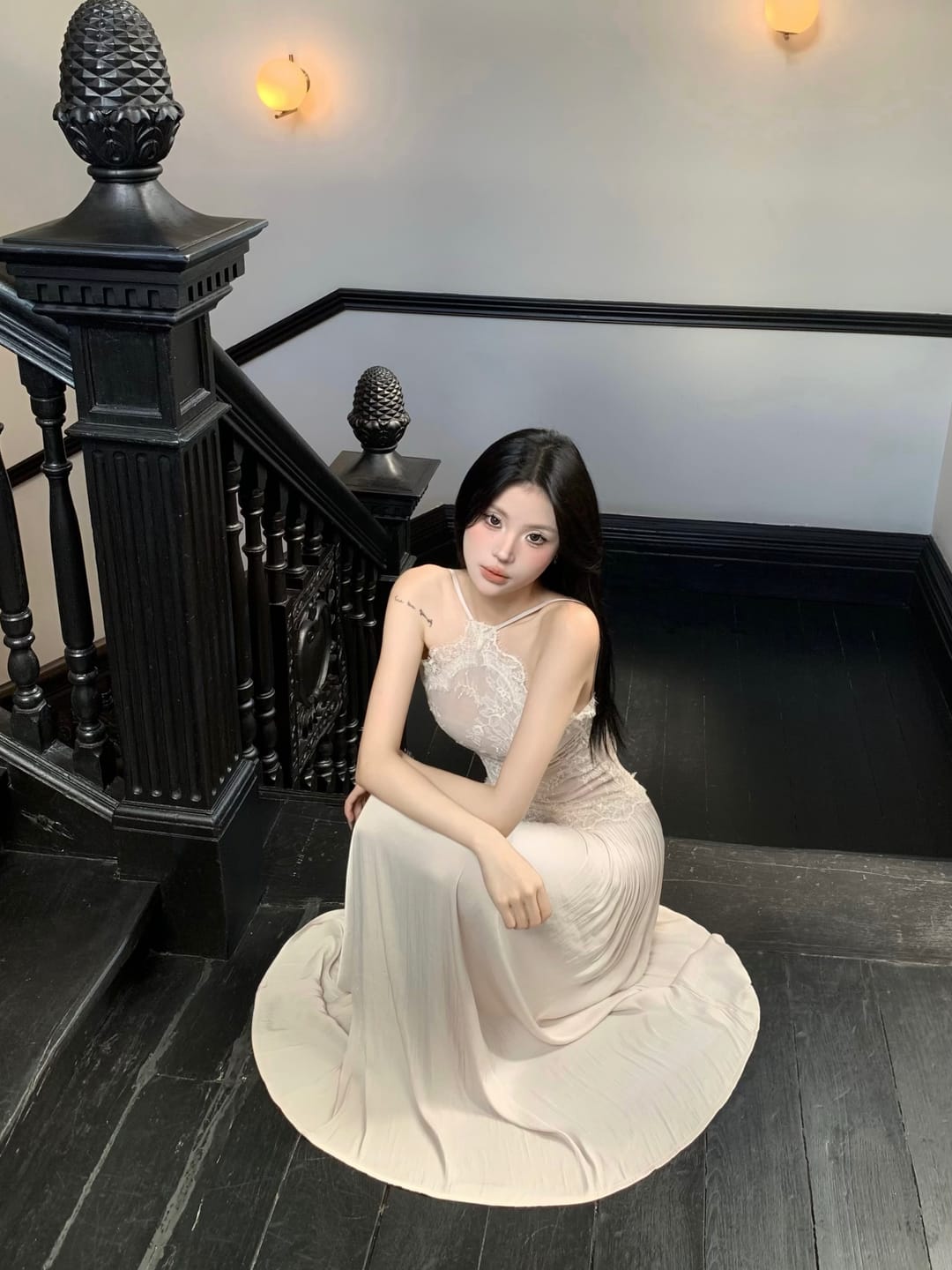 Customer photo review of ROVENTE Embroidered Lace Halter Dress With Gathered Hem