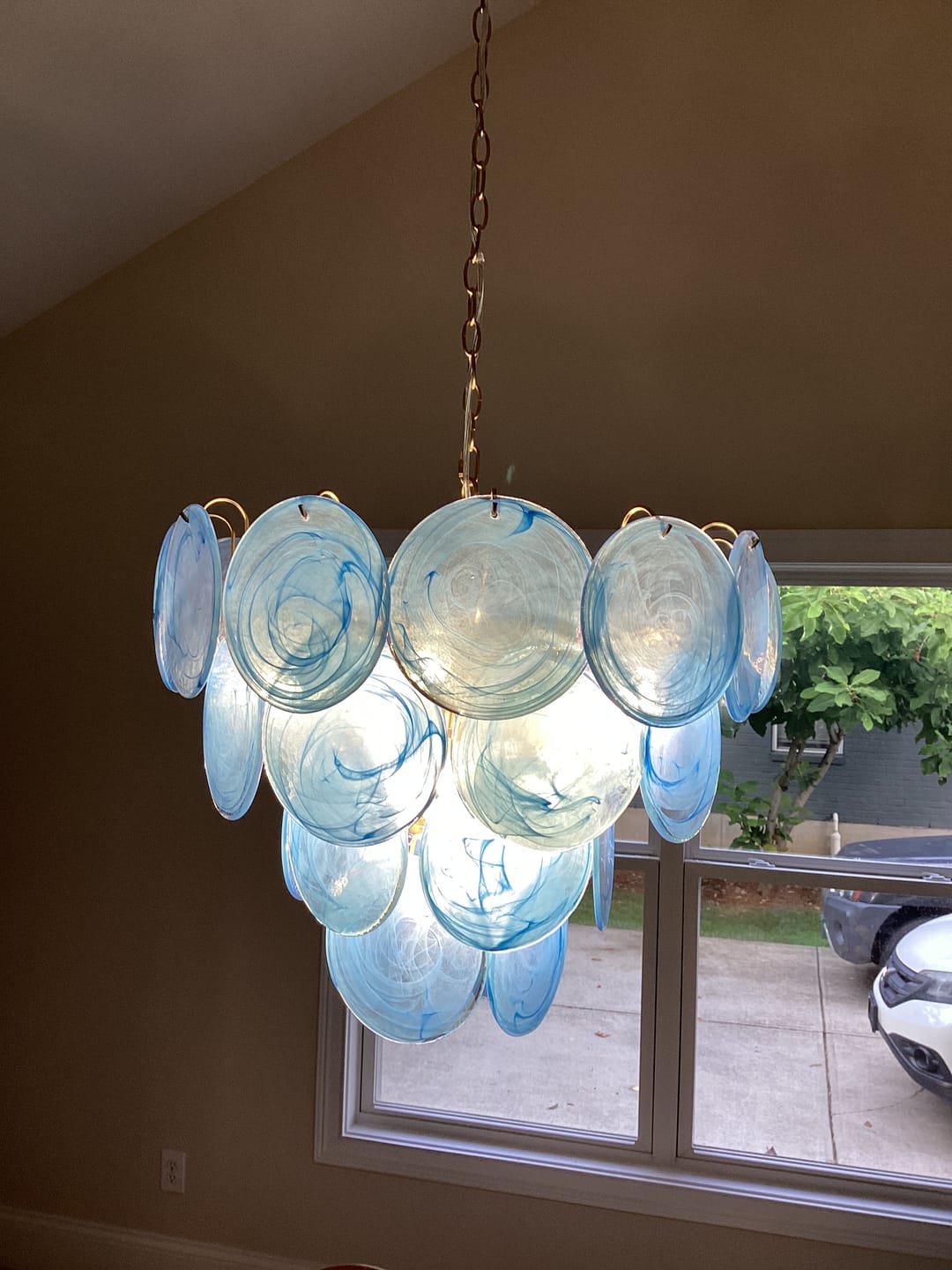 Customer photo review of Glam Blue Iridescent Swirl Glass Round Tiered Chandelier