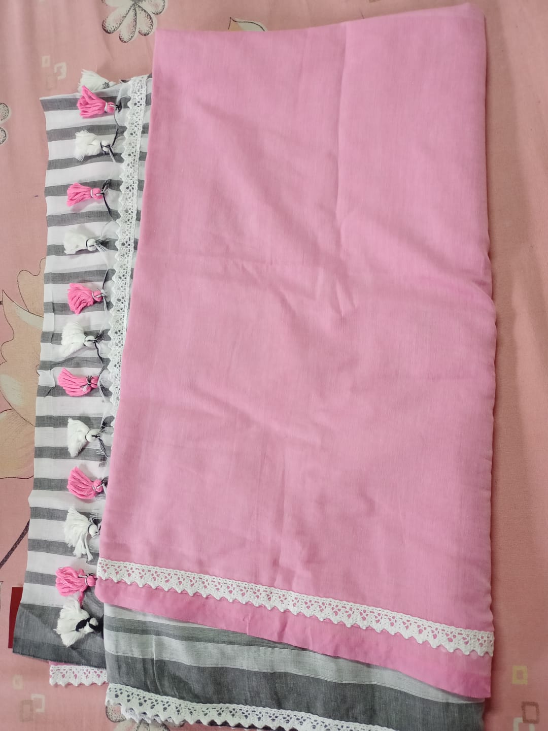 Customer photo review of Pink Striped Mulmul Cotton Saree