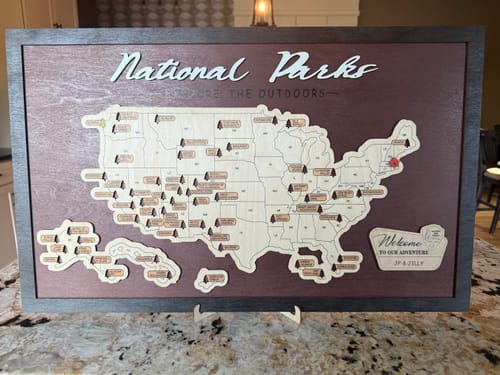 Customer photo review of US Wooden National Parks Travel Map With Trees To Record Park Visits (Coffee)