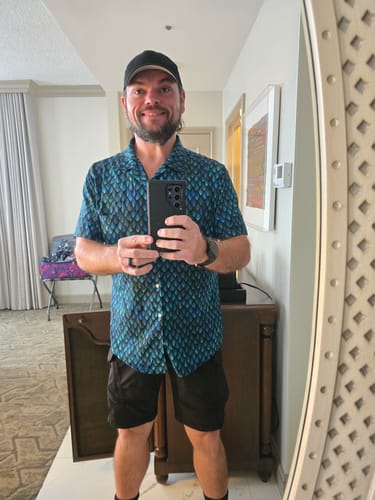 Customer photo review of Blue Purple Dragon Scales Button Up Shirt